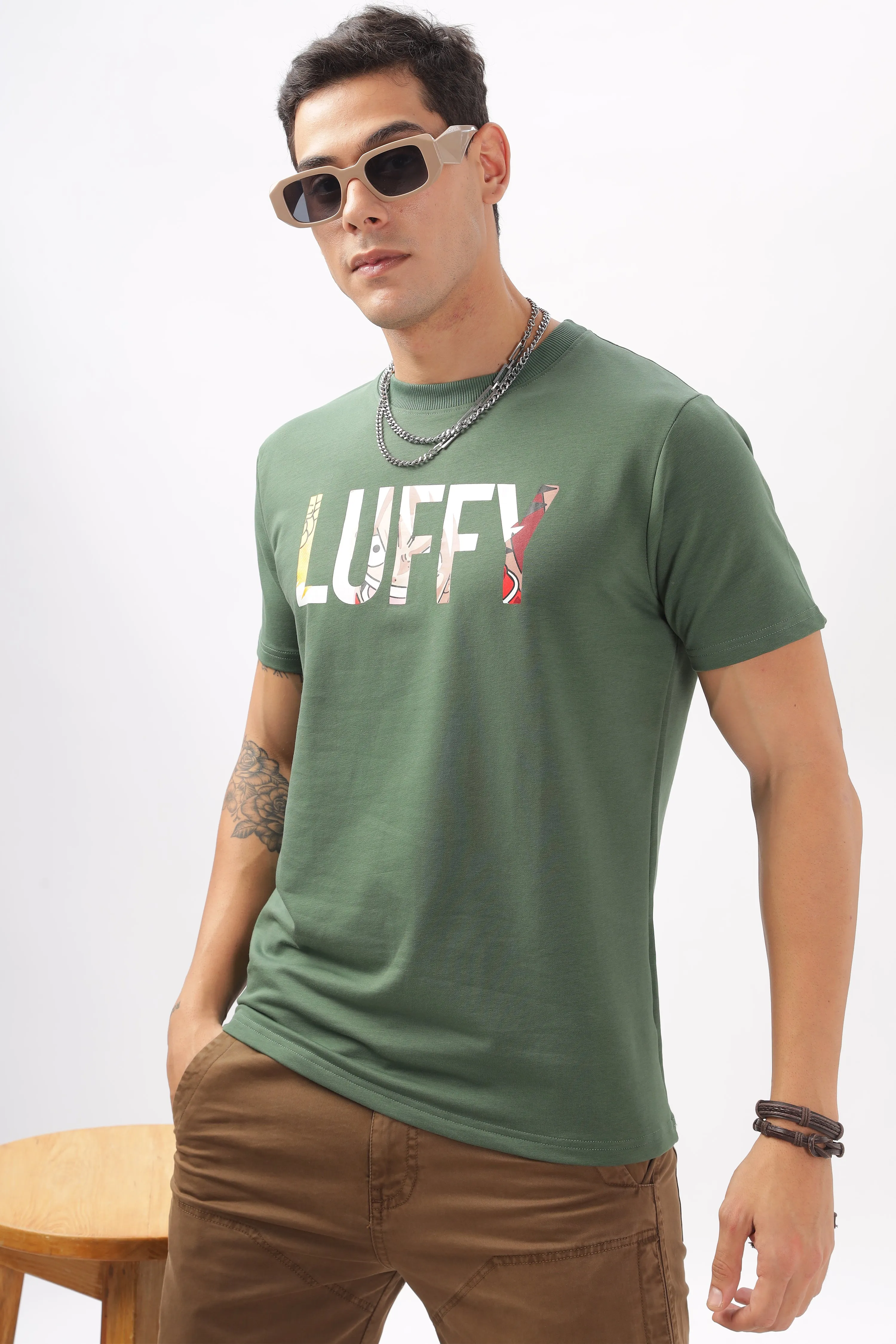 Luffy Graphic Green Printed T-Shirt
