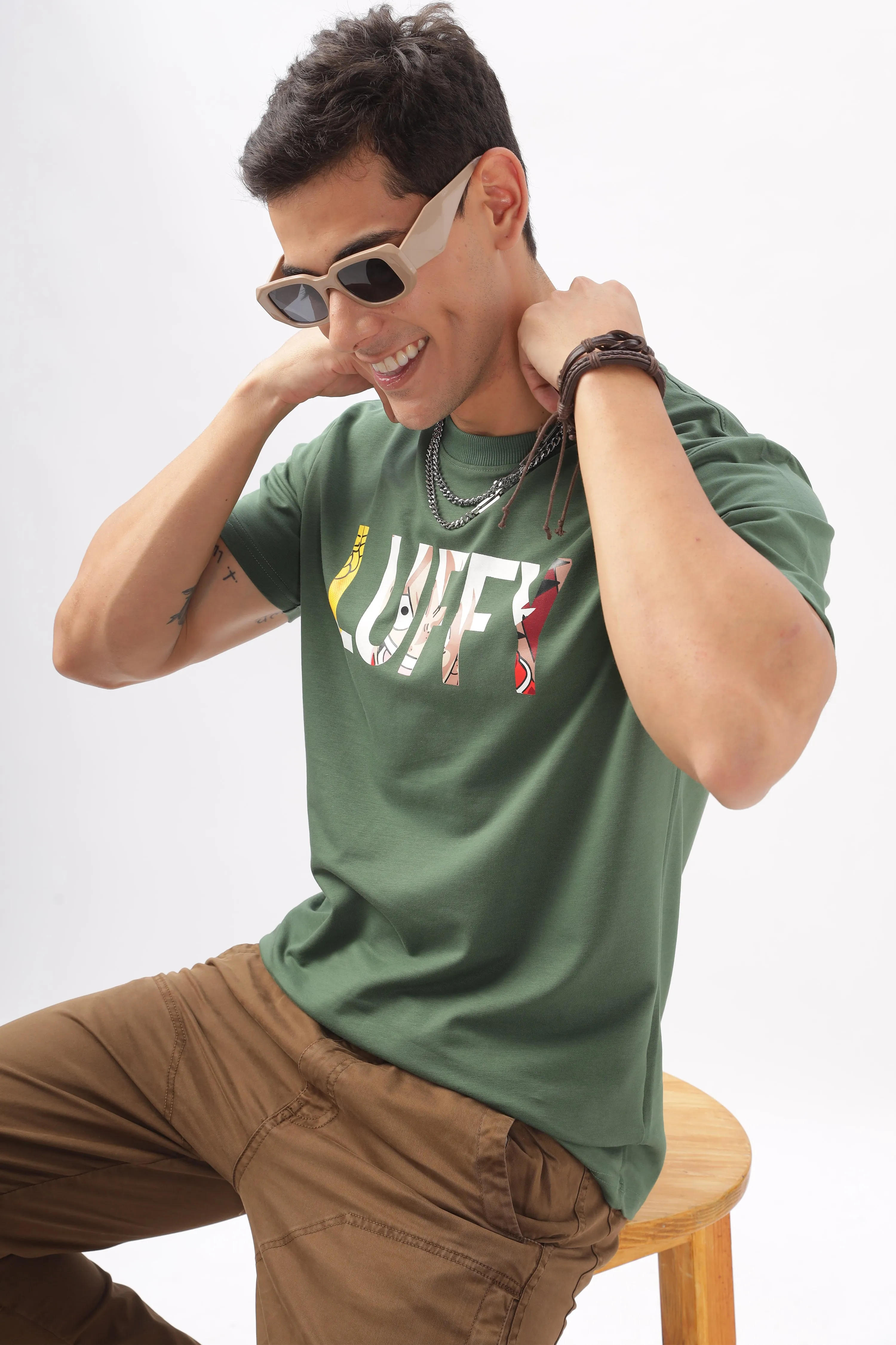 Luffy Graphic Green Printed T-Shirt
