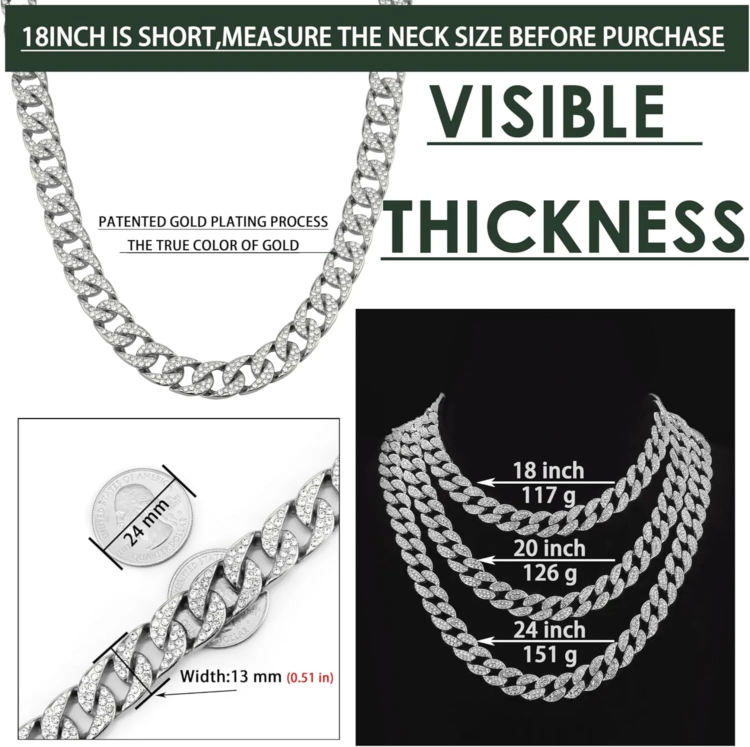 Miami Mens Cuban Link Chain Silver Gold Plated Bling Cuban Necklace Diamond Chain for Men Women 13MM iced out chain Hip Hop pendant Jewelry.