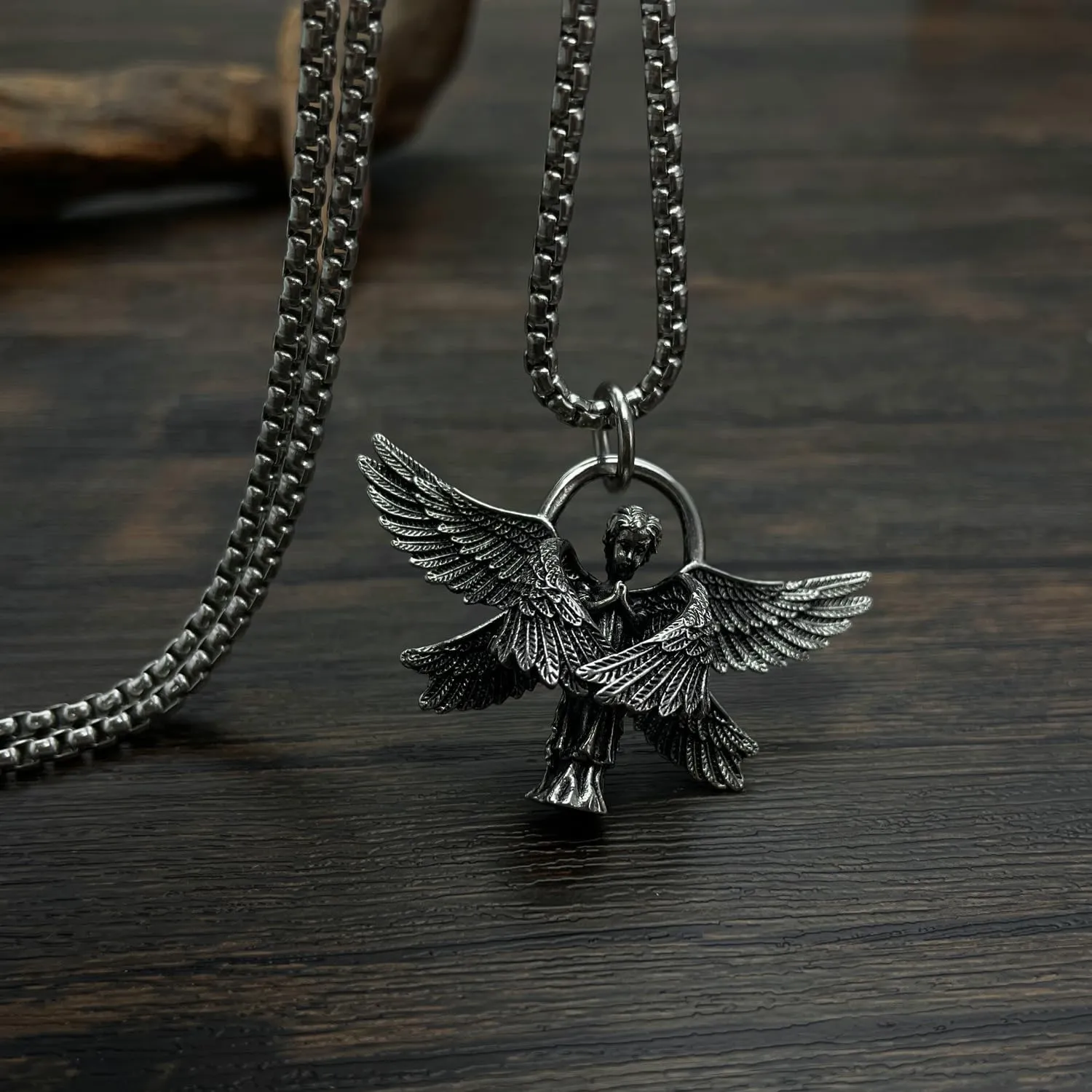 Pendant Necklace for Men with Box Chain Versatile Stainless Steel Silver Pendant