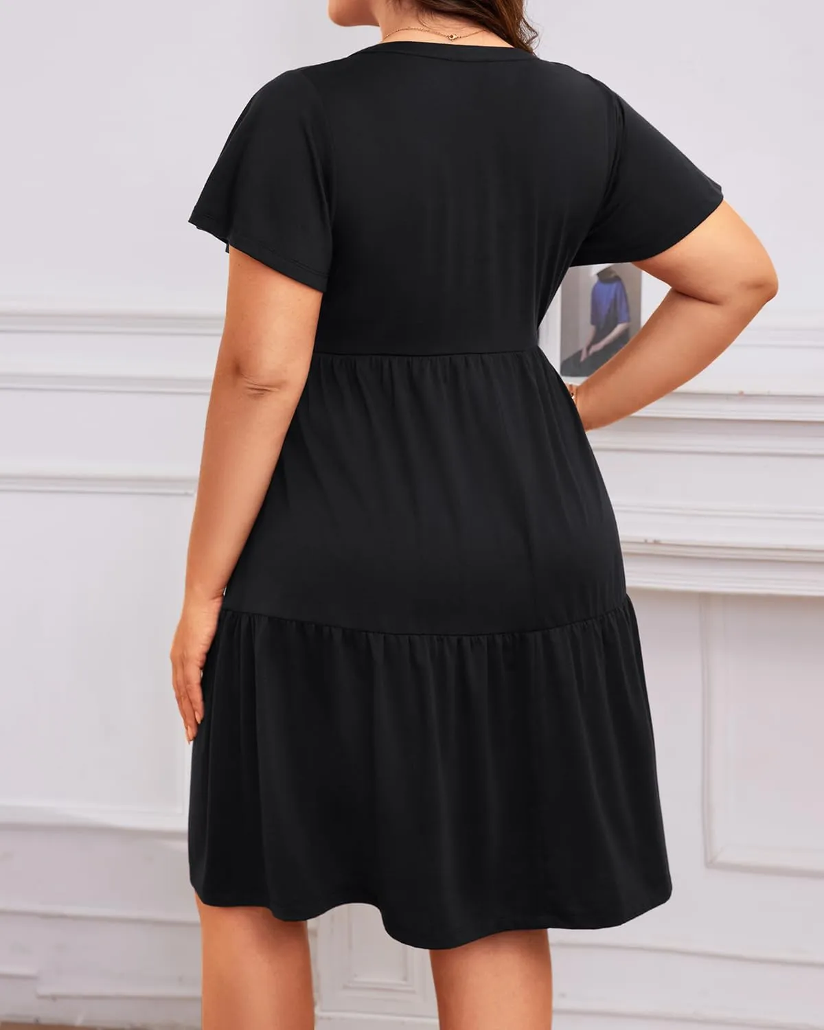 Plus Size Summer Dress - Casual Sundress Beach Short Sleeve V Neck Tiered Button Up Boho Midi Flowy Sun Dresses Women