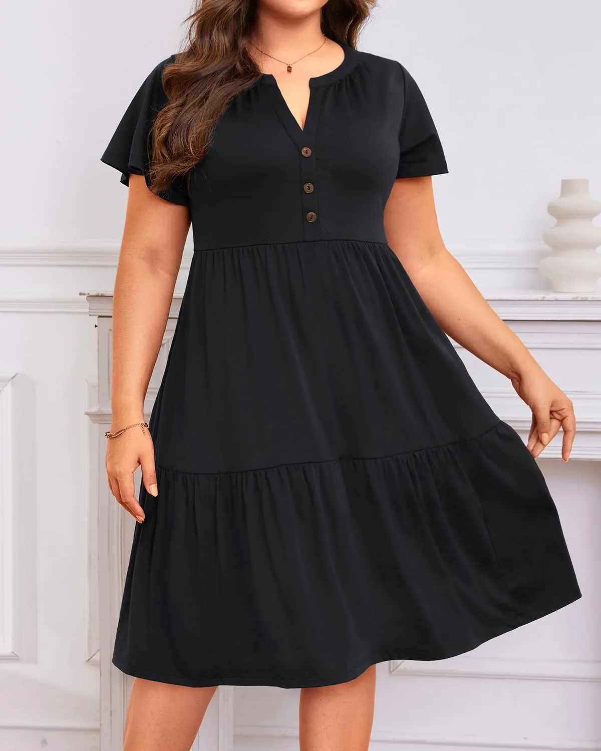 Plus Size Summer Dress - Casual Sundress Beach Short Sleeve V Neck Tiered Button Up Boho Midi Flowy Sun Dresses Women
