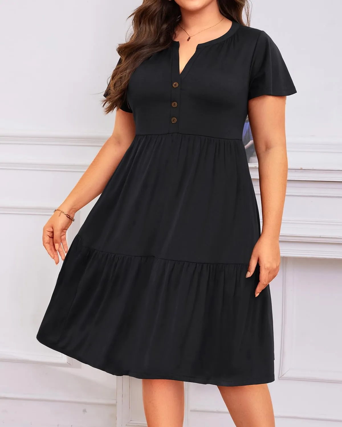 Plus Size Summer Dress - Casual Sundress Beach Short Sleeve V Neck Tiered Button Up Boho Midi Flowy Sun Dresses Women