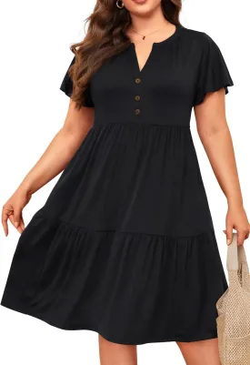 Plus Size Summer Dress - Casual Sundress Beach Short Sleeve V Neck Tiered Button Up Boho Midi Flowy Sun Dresses Women