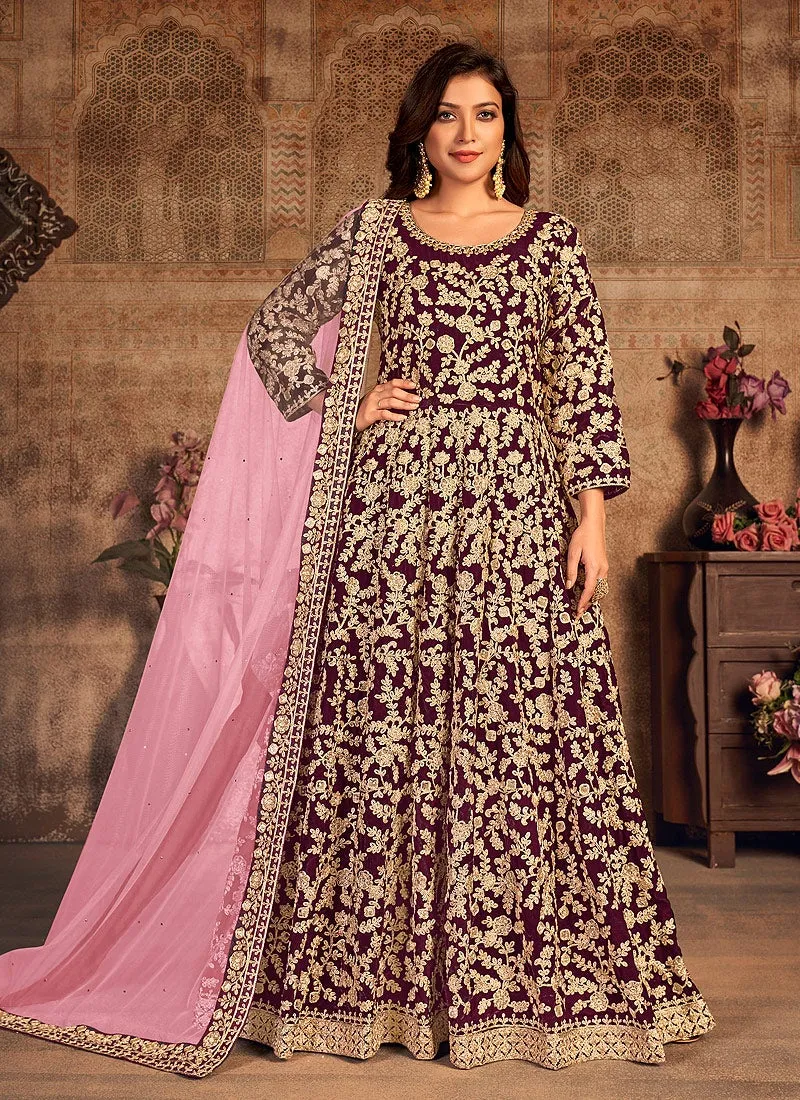 Purple Wine Velvet Abaya Style Floor Length Anarkali Suit