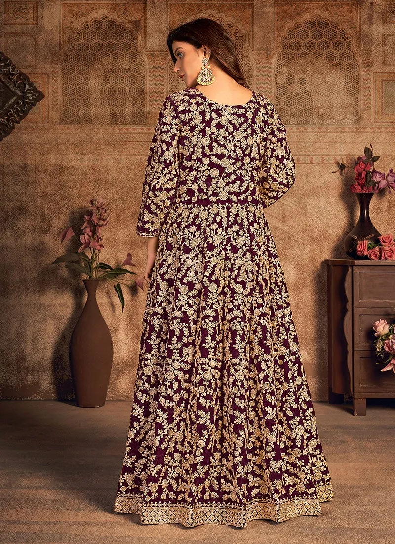 Purple Wine Velvet Abaya Style Floor Length Anarkali Suit