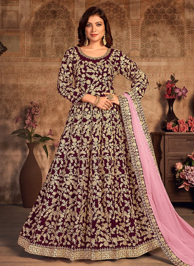 Purple Wine Velvet Abaya Style Floor Length Anarkali Suit