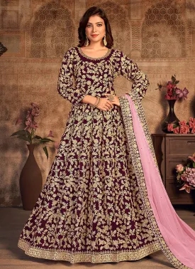 Purple Wine Velvet Abaya Style Floor Length Anarkali Suit