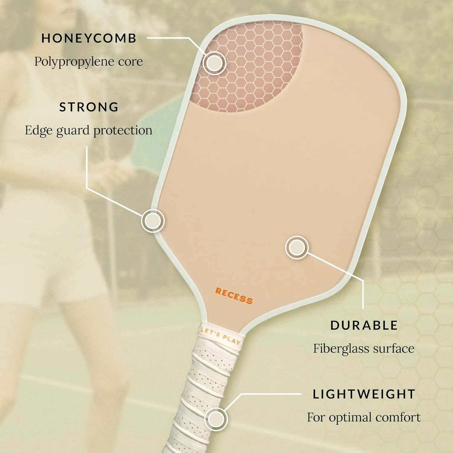 Recess Pickleball Starter Set of Premium Pickleball Paddles and Four (4) Pickle Balls - Lightweight, Honeycomb Core & Comfort Grip Handles - Perfect for Beginners