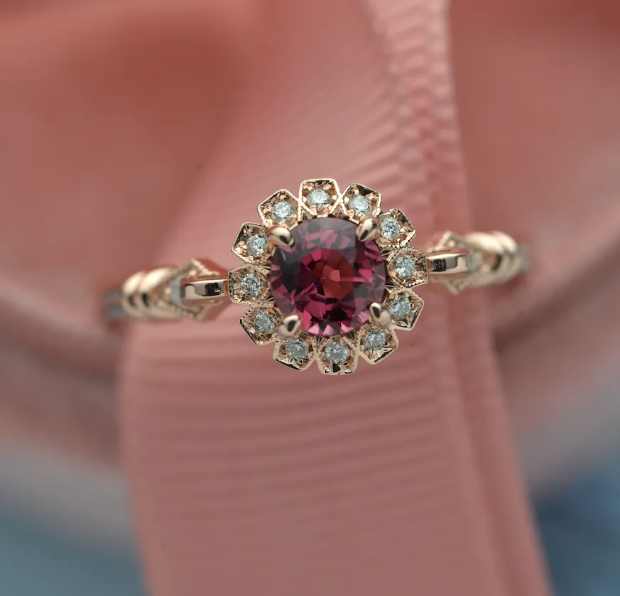 Red Garnet Sunny Round Halo Engagement Ring Vintage Inspired