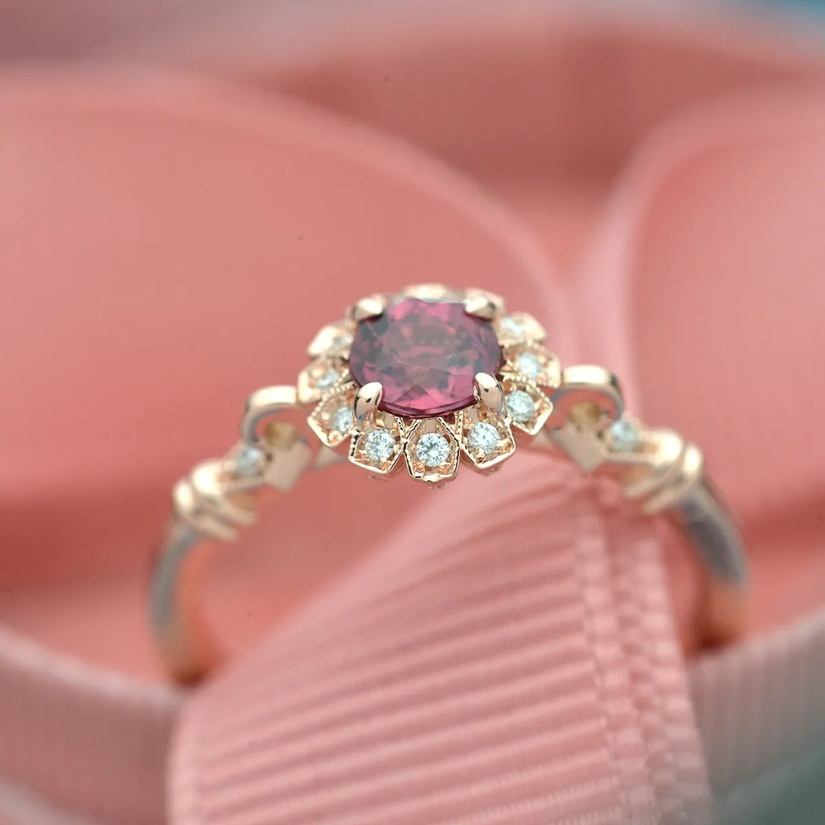 Red Garnet Sunny Round Halo Engagement Ring Vintage Inspired