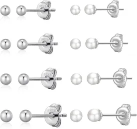 S925 Sterling Silver Stud Earrings for Women Men Small Stud Earrings Set for Multiple Piercing Hypoallergenic Ball Cubic Zirconia Stud Pearl Earrings for women 3/4/5/6/7mm Stackable Studs Women Gift