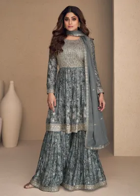 Shamita Shetty Stone Grey Chinon Silk Digital Printed Sharara Suit