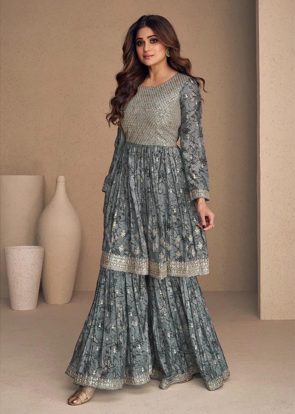 Shamita Shetty Stone Grey Chinon Silk Digital Printed Sharara Suit