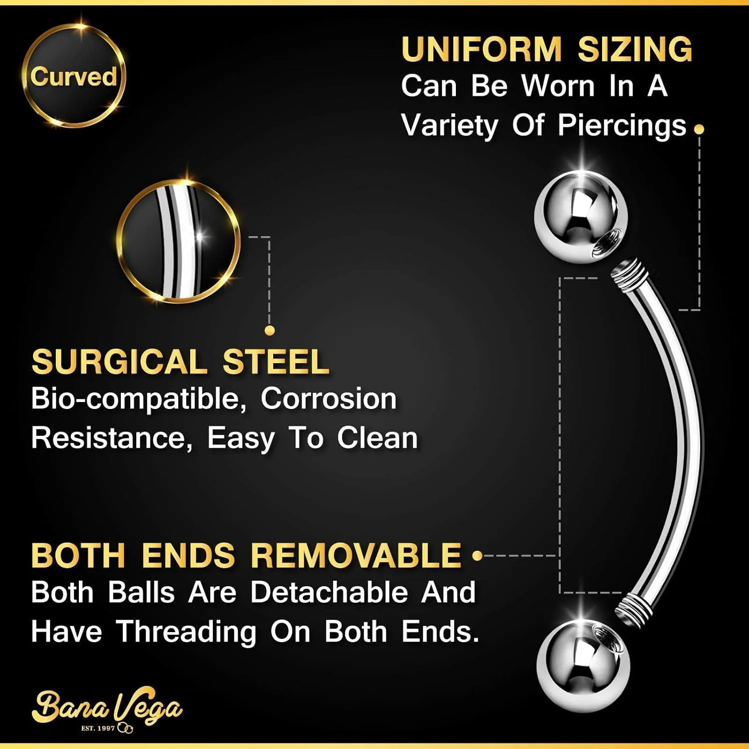 Surgical Steel Curved Barbell Ring 16g 5/16 8mm 3mm Ferido Ball Helix Earring Eyebrow Piercing Jewelry Choose Colors and Size