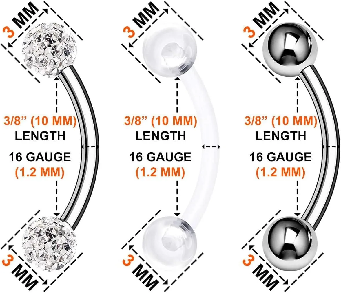 Surgical Steel Curved Barbell Ring 16g 5/16 8mm 3mm Ferido Ball Helix Earring Eyebrow Piercing Jewelry Choose Colors and Size