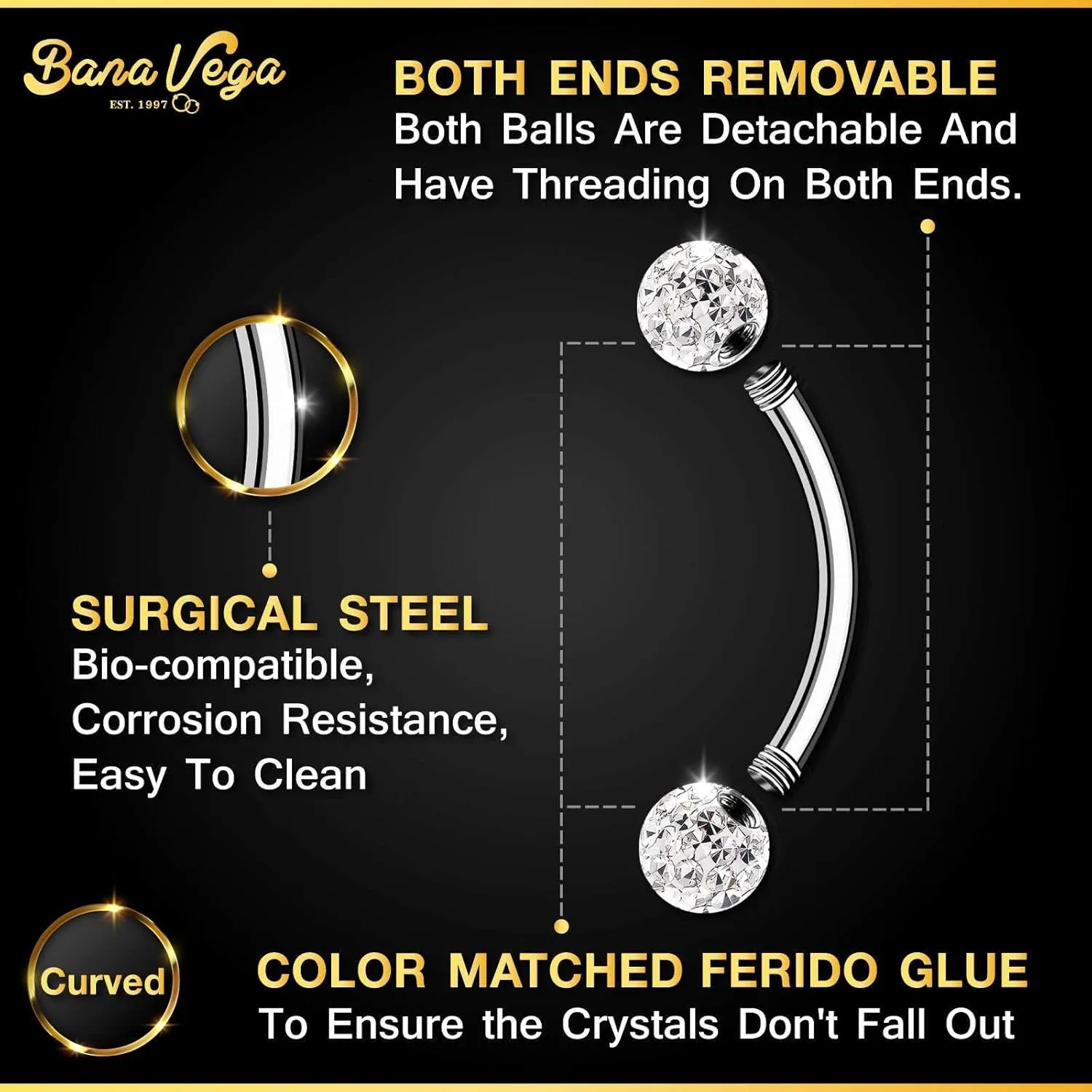Surgical Steel Curved Barbell Ring 16g 5/16 8mm 3mm Ferido Ball Helix Earring Eyebrow Piercing Jewelry Choose Colors and Size