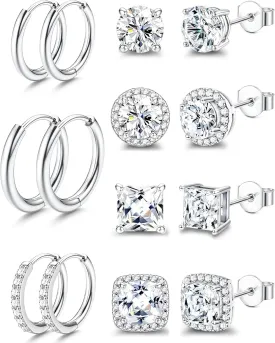 Surgical Steel Stud Earrings for Women Men, 18K White Gold Plated Hypoallergenic Cubic Zirconia Earrings Studs & Hoops Set, Big Brilliant Simulated Diamond CZ Halo Stud Earrings for Sensitive Ears
