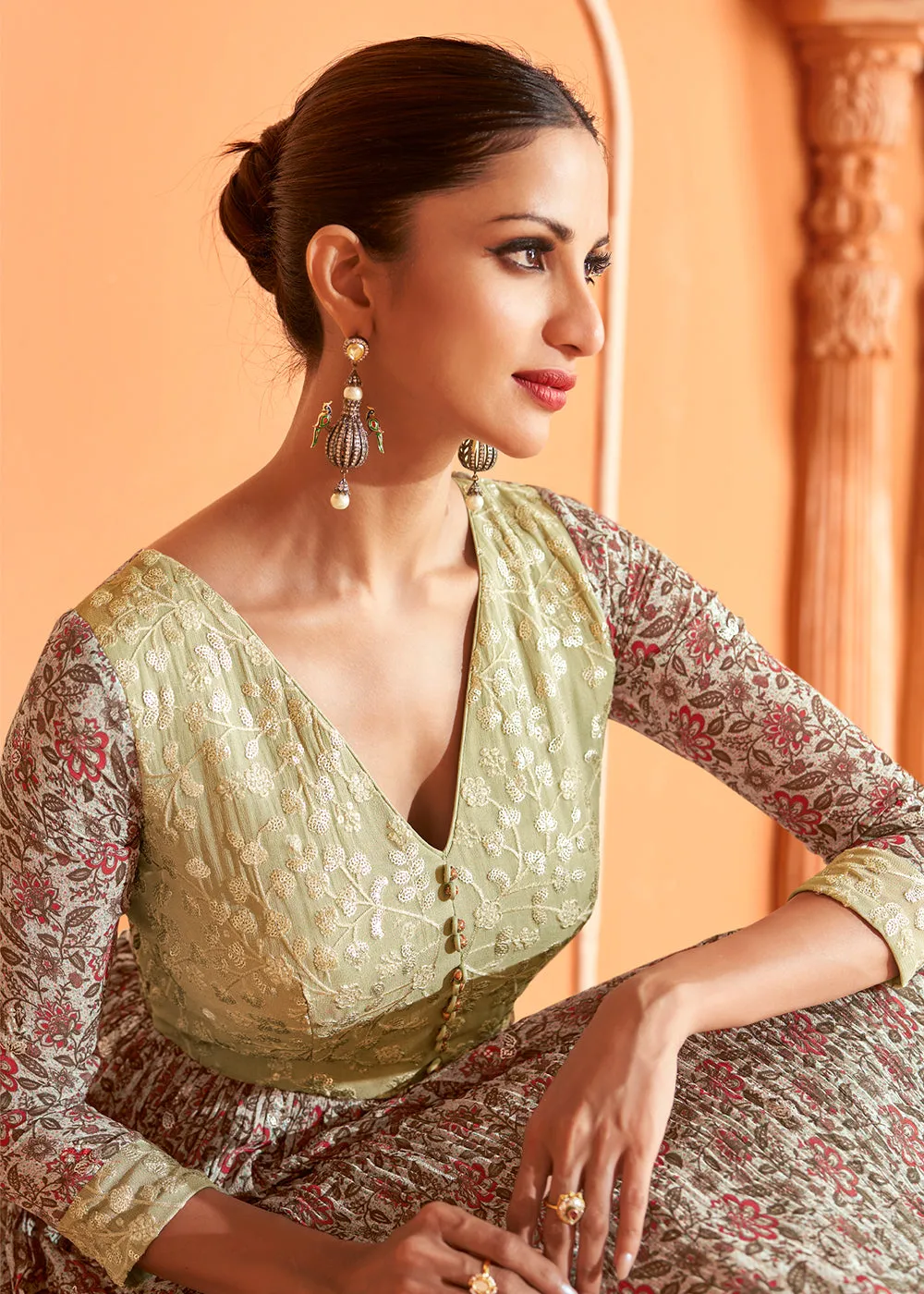 Wedding Wear Floral Embroidered Light Green Anarkali Suit