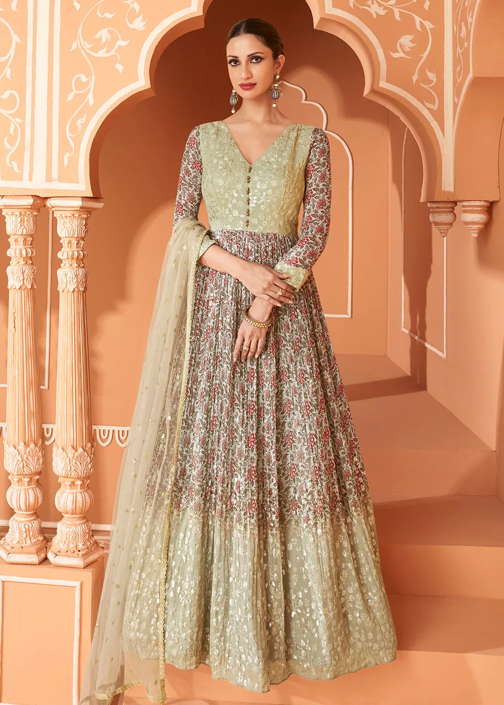 Wedding Wear Floral Embroidered Light Green Anarkali Suit