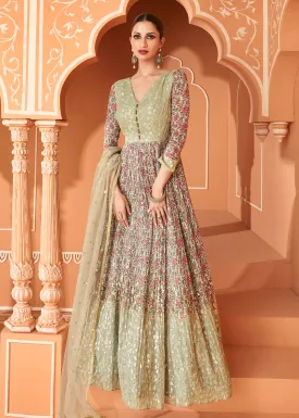 Wedding Wear Floral Embroidered Light Green Anarkali Suit