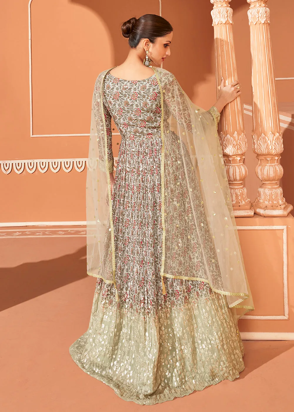 Wedding Wear Floral Embroidered Light Green Anarkali Suit