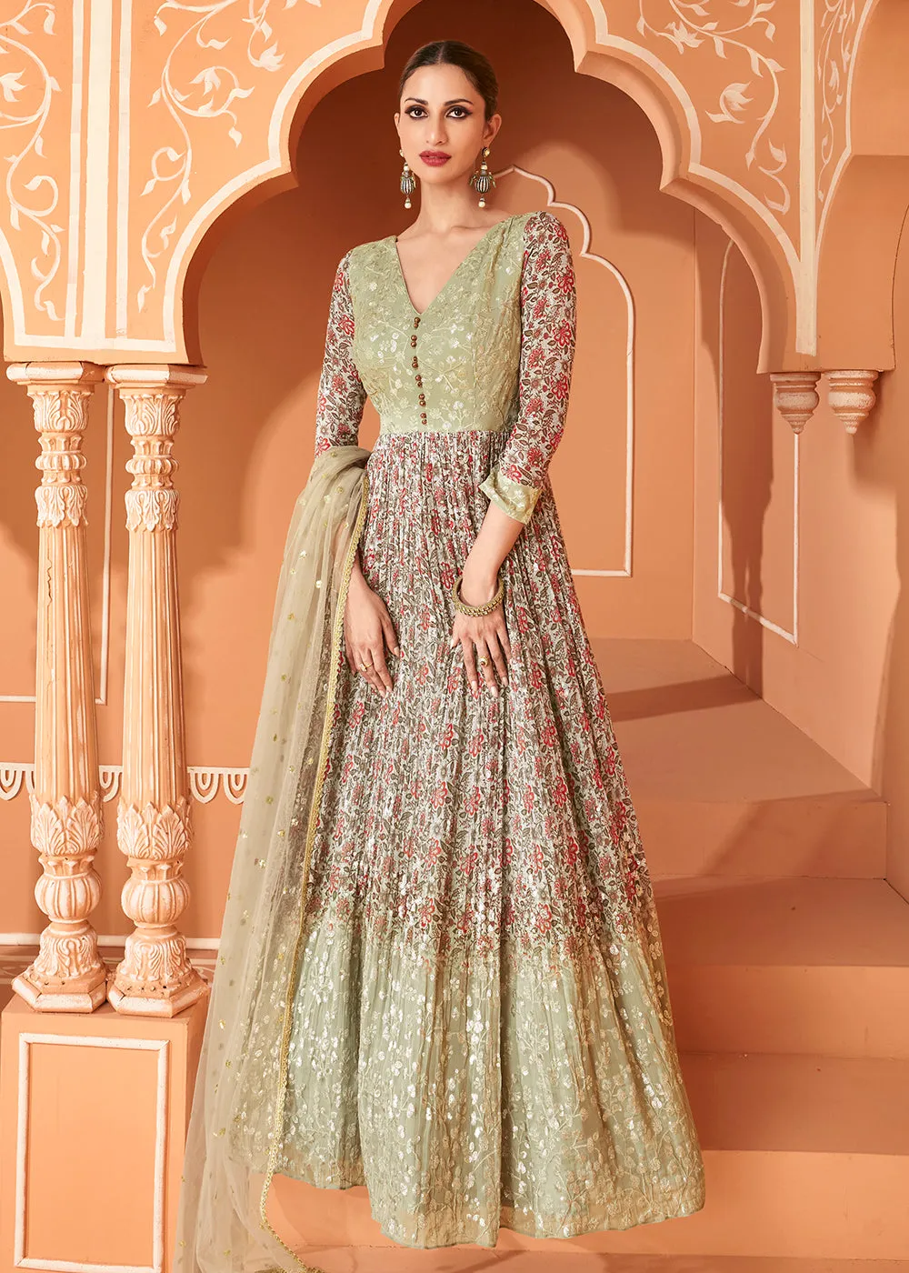 Wedding Wear Floral Embroidered Light Green Anarkali Suit