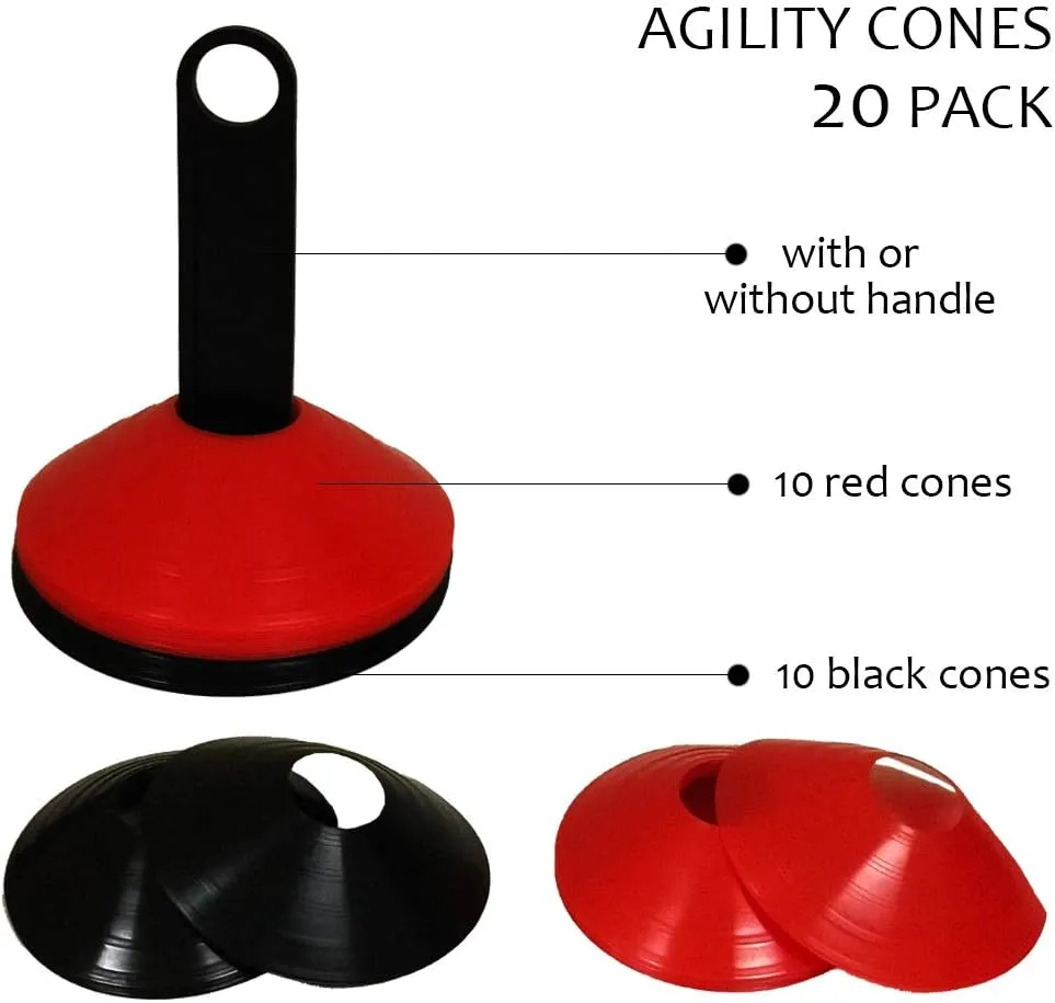 WODFitters 20-Pack Agility Cones  Soccer, Football Training Agility Cones  Red and Black  Extra-Durable Material  Indoor and Outdoor Use  Increase Speed and Agility