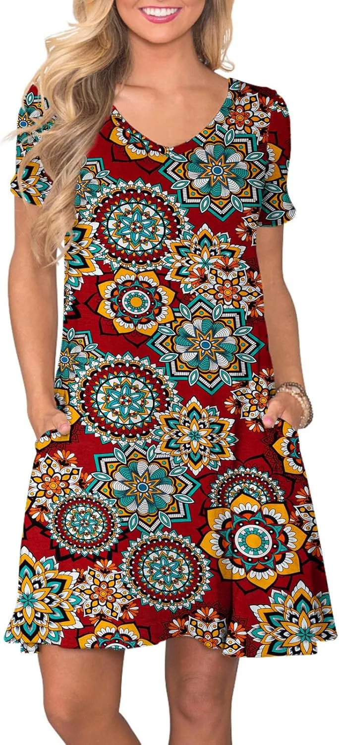 Women's Casual T Shirt Dress Summer Short Sleeve Swing Dresses with Pockets