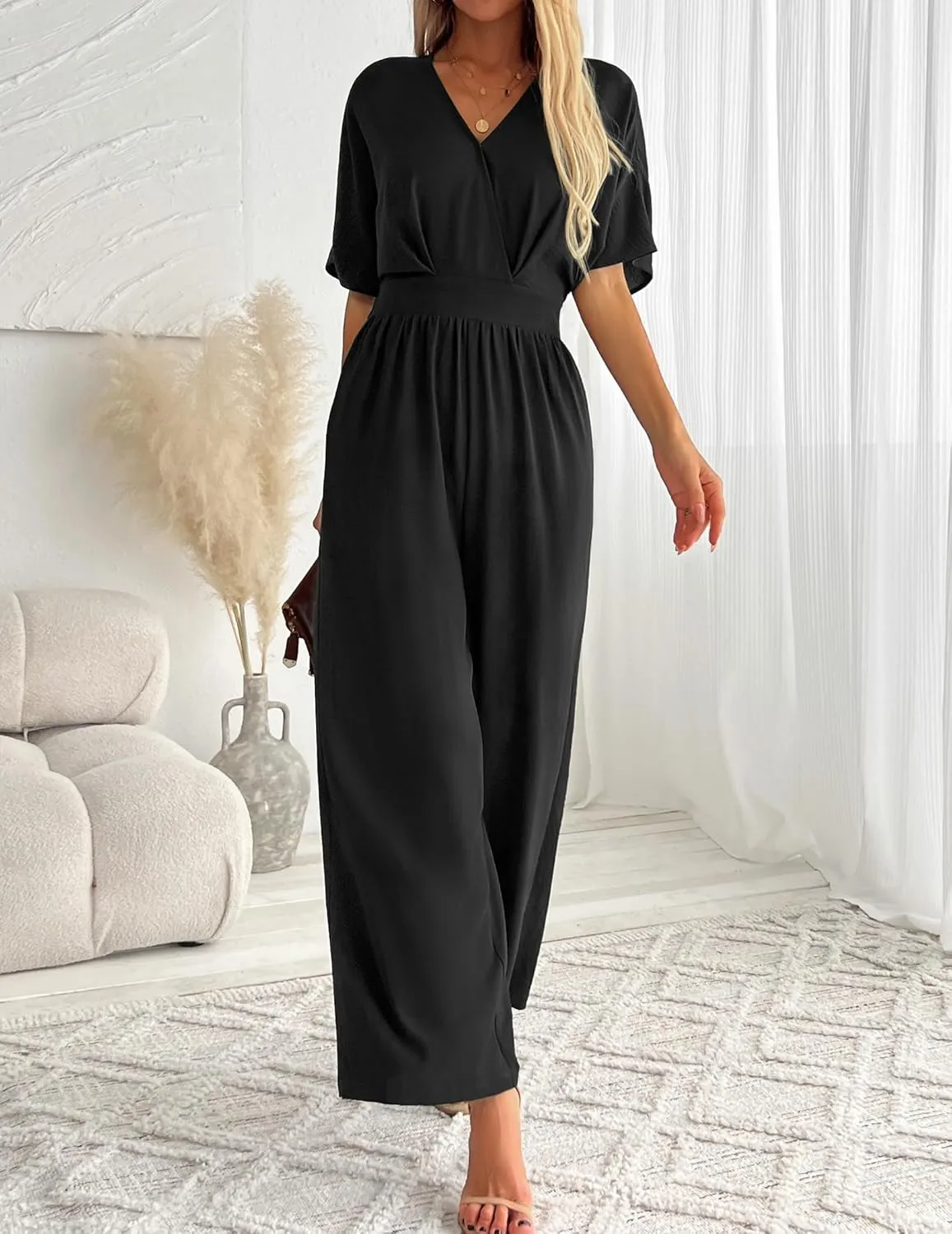 Women's One Piece Jumpsuits Dressy Casual V-Neck Batwing Short Sleeve Wide Leg Elegant Ladies Jumpsuit Rompers