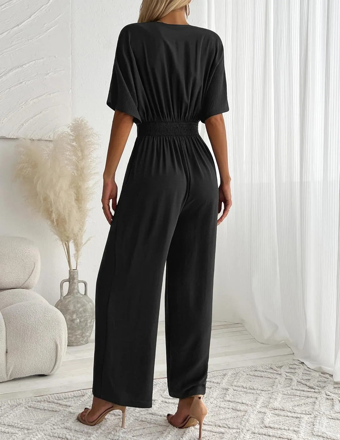 Women's One Piece Jumpsuits Dressy Casual V-Neck Batwing Short Sleeve Wide Leg Elegant Ladies Jumpsuit Rompers