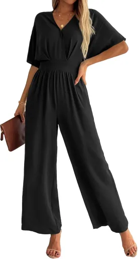 Women's One Piece Jumpsuits Dressy Casual V-Neck Batwing Short Sleeve Wide Leg Elegant Ladies Jumpsuit Rompers