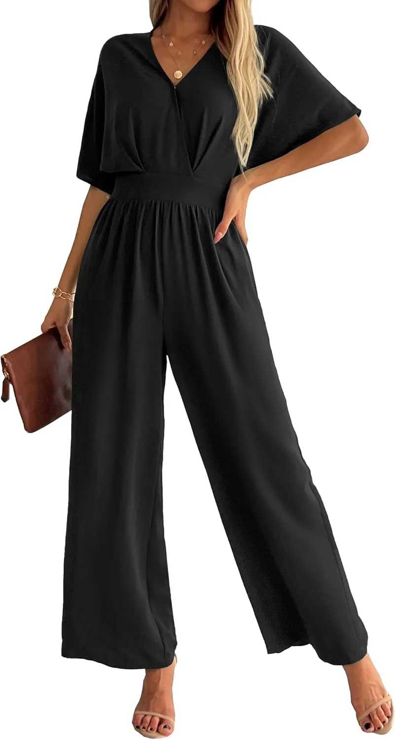 Women's One Piece Jumpsuits Dressy Casual V-Neck Batwing Short Sleeve Wide Leg Elegant Ladies Jumpsuit Rompers