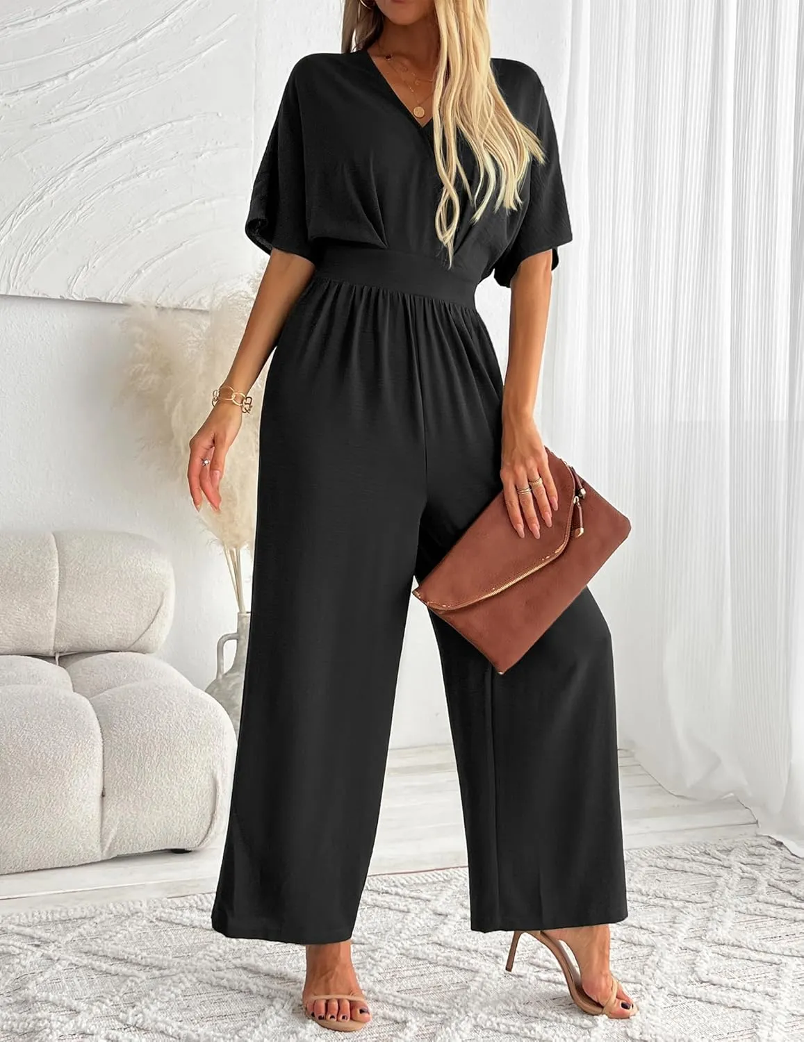 Women's One Piece Jumpsuits Dressy Casual V-Neck Batwing Short Sleeve Wide Leg Elegant Ladies Jumpsuit Rompers