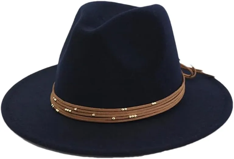 Women's Vintage Wide Brim Jazz Fedora Hats Wide Brim Fedora Hat Panama Cap Party Wedding Church Caps Navy 59to60cm