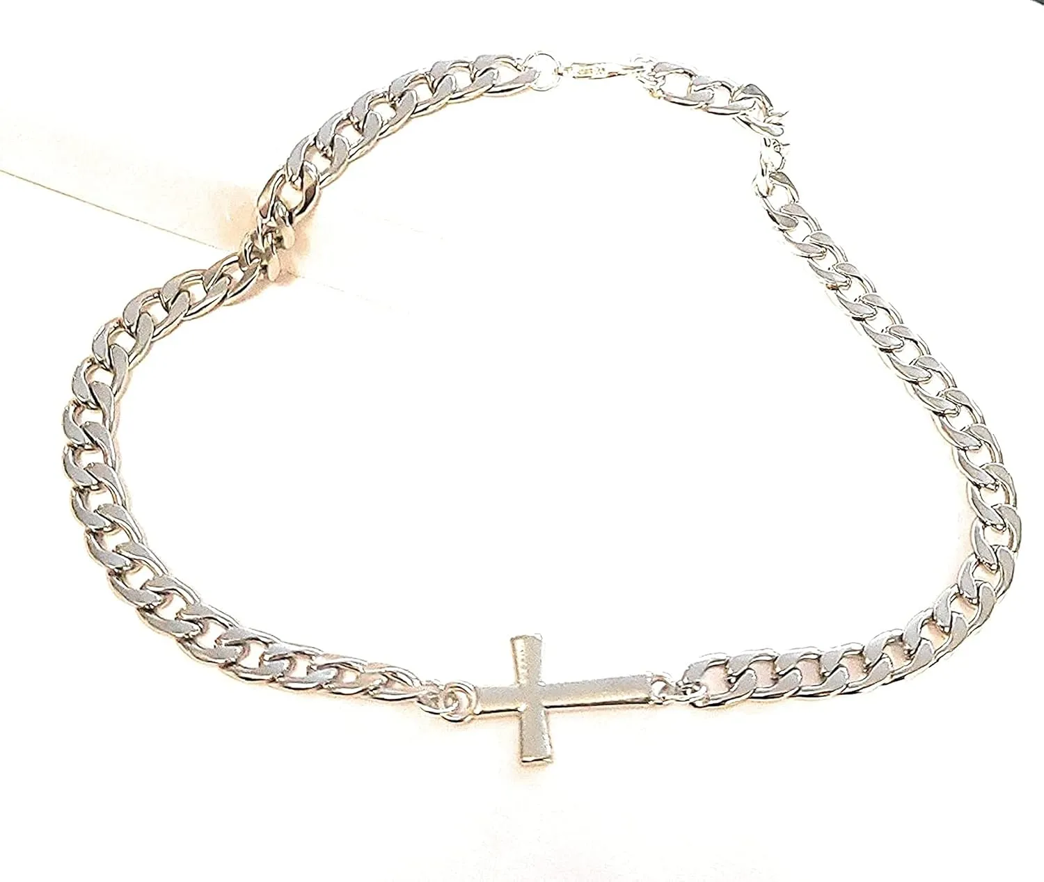 XL Cross Ankle Bracelet Flat Cuban Link Silver Stainless Steel Anklet Chain Gift Boxed Faith Jewelry 12 Inch