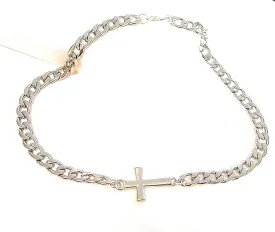 XL Cross Ankle Bracelet Flat Cuban Link Silver Stainless Steel Anklet Chain Gift Boxed Faith Jewelry 12 Inch