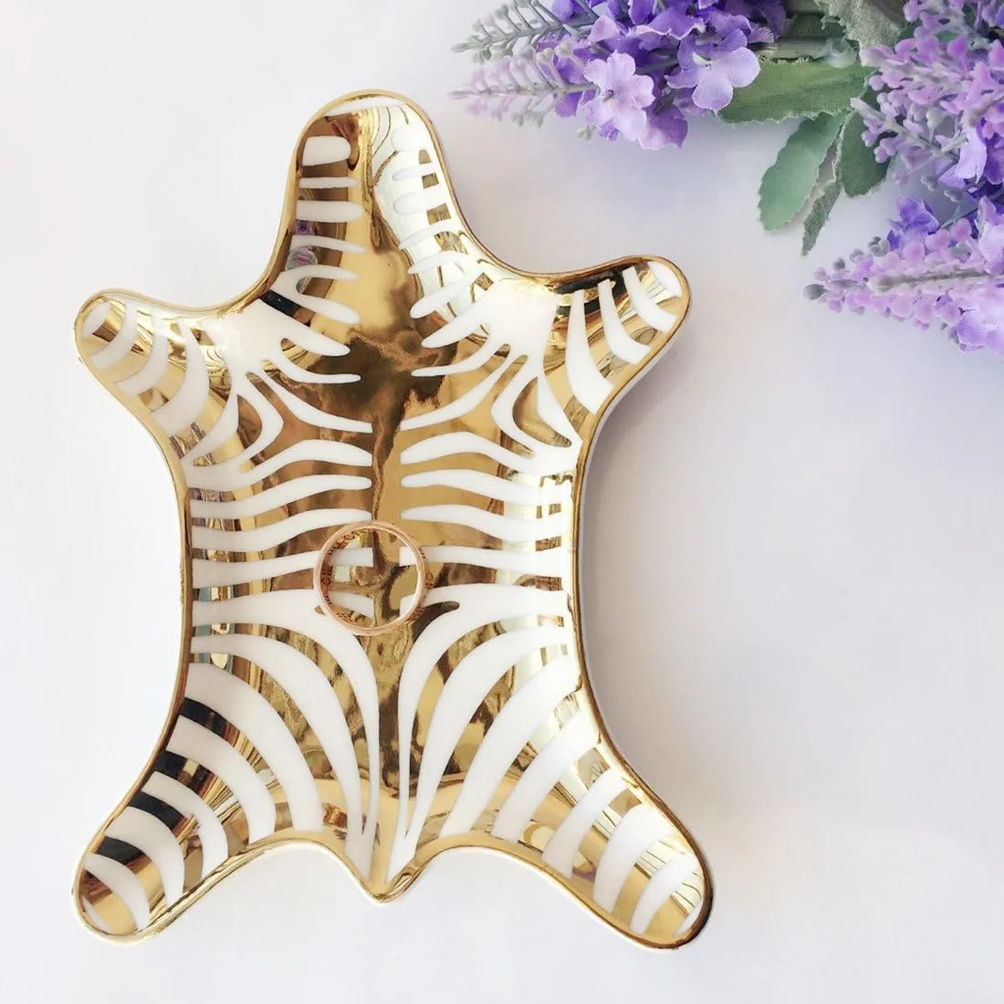 Zebra Stripe Jewelry Tray Ceramic Dishes Plate Gilded 5.9", Gold